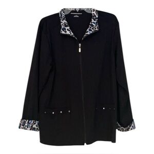 Allison Daley Jacket poly/cotton/spandex
Black with animal print trim Size Large